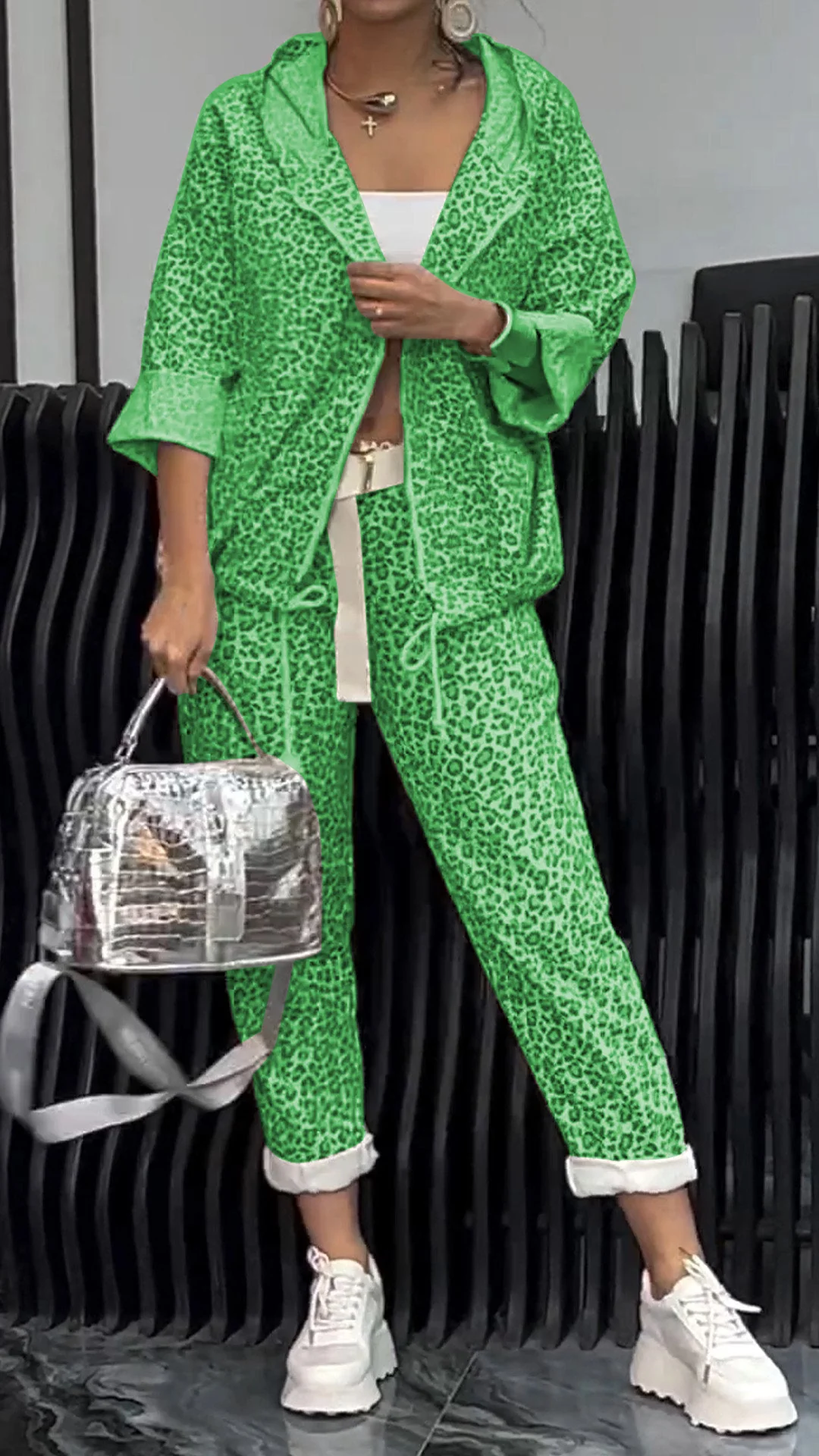 Women's Leopard-print Cardigan Short Suit